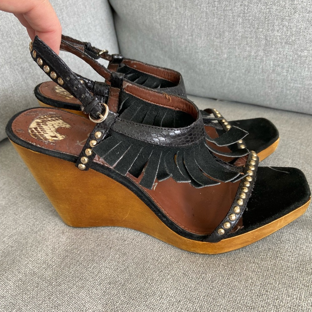Sam Edelman Black and Tan Wedge Sandals